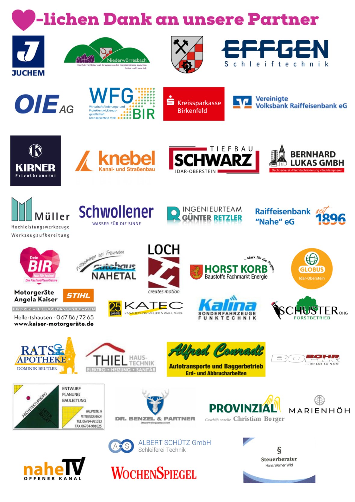 Sponsoren 2024_2026 Mehrere Firmenlogos und Schriftzüge von Sponsoren, darunter Juchem, Effgen Schleiftechnik, Knebel Kanal- und Straßenbau, Raiffeisenbank, Stihl, Alpen Conrad Autotransporte und weitere, angeordnet unter der Überschrift 'Herzlichen Dank an unsere Partner' in pinker Schrift