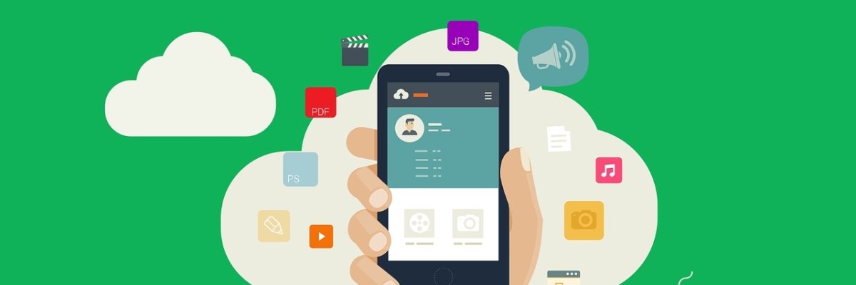 Medien Hand mit einem Handy, Wolken und Kaffeetasse drumherum mit verschiedenen Clips