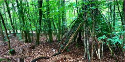 zu sehen ist ein Holz-Tippi im Wald, erbaut während der Naturtage