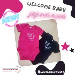 zu sehen sind 2 Bodies für Babys in schwarz und pink, welche neue Erdenbürger vom Bürgermeister erhalten