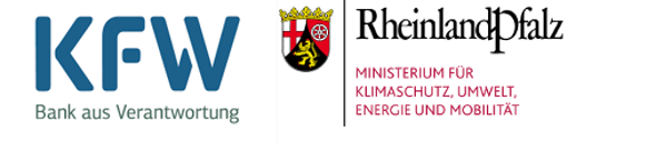 Logo KFW Ministerium Klimaschutz, Umwelt, Energie und Mobilität, in Blau Schriftzug KFW Bank aus Verantwortung und daneben Wappen RLP mit Schriftzug Ministerium Klimaschutz, Umwelt, Energie und Mobilität