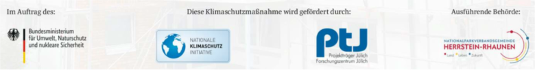 Banner "diese Maßnahme wird gefördert durch und allen Logos" für die Umstellung Straßenbeleuchtung auf LED, Logo Umweltministerium, Logo Nationale Klimaschutz Initiative, Logo PTJ, Logo VG