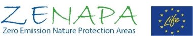 LOGO ZENAPA, Schriftzug ZENAPA zero emission nature protection areas mit EU Log in blau mit gelben Sternen und dem Schriftzug Life