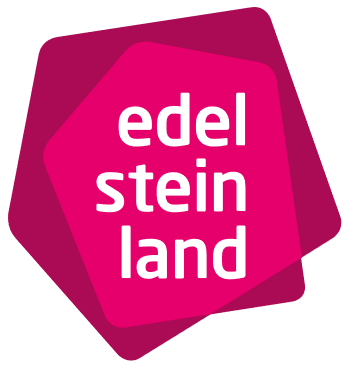 Logo EdelSteinLand in magenta dargestellter Edelstein mit weißem Schriftzug untereinander angeorndnet Edel Stein Land