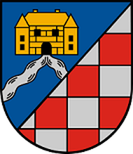 Wappen der Ortsgemeinde Allenbach In schräglinks geteiltem Schild vorne in Blau eine goldene Burg mit schwarzen Fenstern und einer Tür, aus der ein zweigeteilter silberner Wellenbalken zeigt, hinten rot-silbernes Schach.