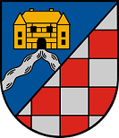 In schräglinks geteiltem Schild vorne in Blau eine goldene Burg mit schwarzen Fenstern und einer Tür, aus der ein zweigeteilter silberner Wellenbalken zeigt, hinten rot-silbernes Schach.