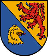 Wappen der Ortsgemeinde Berschweiler Schild schrägrechts geteilt, rechts in Blau ein rotgezungter goldener Bärenkopf, links in Gold ein blaubewehrter und -gezungter roter Löwe.