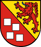 In schräg geteiltem Schild vorne in Rot vier silberne quadratische Steine, hinten in Gold ein blaubewehrter und gezungter roter Löwe.