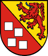Wappen der Ortsgemeinde Bruchweiler In schräg geteiltem Schild vorne in Rot vier silberne quadratische Steine, hinten in Gold ein blaubewehrter und gezungter roter Löwe.