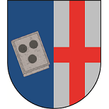 Schild gespalten, vorne in Blau ein mit drei schwarzen Kugeln belegtes silbernes Buch, hinten in Silber ein rotes Kreuz.