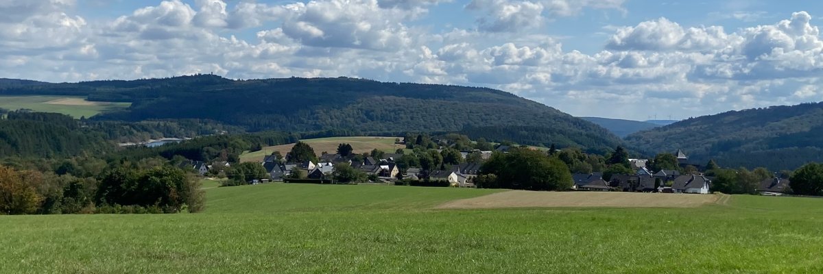 Im Vordergrund erstreckt sich eine große, grüne Wiese. Dahinter liegt ein Dorf mit mehreren Häusern, die von Bäumen umgeben sind. Im Hintergrund sind bewaldete Hügel und Felder zu sehen. Der Himmel ist blau und mit zahlreichen weißen Wolken bedeckt.