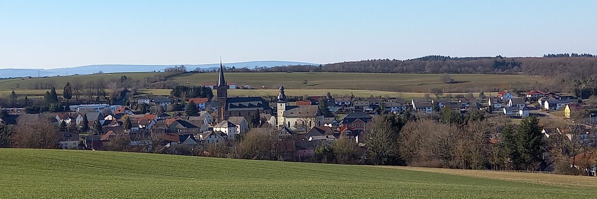 im Vordergrund eine grüne Wiese und dahinter eine Ortsansicht der Ortsgemeinde Sien