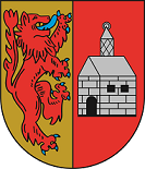 In gespaltenem Schild vorne in Gold ein blaubewehrter und  – gezungter roter Löwe, hinten in Rot ein silbernes Haus mit 2 schwarzen Fenstern und einer Tür. 
