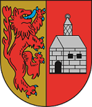 In gespaltenem Schild vorne in Gold ein blaubewehrter und  – gezungter roter Löwe, hinten in Rot ein silbernes Haus mit 2 schwarzen Fenstern und einer Tür. 
