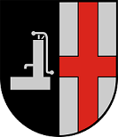 Schild gespalten, vorne in Schwarz ein silberner Brunnen, hinten in Silber ein rotes Kreuz.
