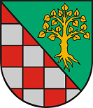 Das Wappen zeigt in schräg/rechts geteiltem Schilde vorne, ein rot-silbernes Schach. Hinten in Grün, ein goldener Lindenbaum.