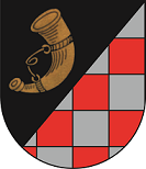 In schräglinks geteiltem Schild vorne in Schwarz ein goldenes Horn, hinten rot – silbernes Schach. 