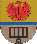 Schild durch einen blauen Balken geteilt, oben in Gold ein rotes Fabeltier mit einem Wolfskopf und weit geöffneten Schwingen belegt mit einem Wolfshaken.  Unten in Silber ein schwarzer Rost. 