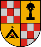 Schild, durch ein schmales, weißes Kreuz in vier Flächen aufgeteilt. Das linke - obere, sowie das rechte - untere Viertel sind rot - silber geschachtelt. Im oberen -rechten Viertel ist auf gelbem Grund ein weißes Gefäß, im unteren -linken ein brennender Kohlenmeiler auf grünem Grund dargestellt.