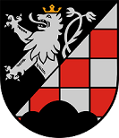 Schild schräglinks geteilt, rechts in Schwarz ein silberner, goldgekrönter, doppelgeschwänzter Löwe. Links rot-silber geschacht, belegt mit einem schwarzen Dreiberg.
