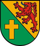 Schild schrägrechts geteilt, rechts in Grün ein goldenes Kreuz, links in Gold ein blaubewehrter und -gezungter roter Löwe.