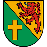 Schild schrägrechts geteilt, rechts in Grün ein goldenes Kreuz, links in Gold ein blaubewehrter und -gezungter roter Löwe.