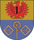 In geteiltem Schild oben in Gold ein rotes Fabeltier mit einem Wolfskopf und weit geöffneten Schwingen, belegt mit einem schwarzen Wolfshaken. Unten in Blau ein goldener Bischofsstab begleitet von zwei silbernen Schnallen.  