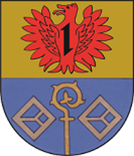 Wappen der Ortsgemeinde Oberkirn In geteiltem Schild oben in Gold ein rotes Fabeltier mit einem Wolfskopf und weit geöffneten Schwingen, belegt mit einem schwarzen Wolfshaken. Unten in Blau ein goldener Bischofsstab begleitet von zwei silbernen Schnallen.