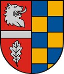 In gespaltenem Schild vorne in rotem, durch silbernen Balken geteiltem Feld oben ein silberner Löwenkopf, unten ein silbernes Eichenblatt; hinten blau-goldenes Schach.