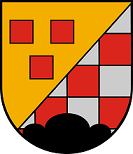 Das Wappen zeigt in schräglinks geteiltem Schild vorne in Gold 3 rote quadratische Steine, hinten ein silber-rotes Schach, unten belegt mit einem schwarzen Dreiberg.