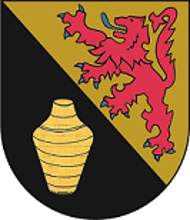In schräg geteiltem Schild vorne in Schwarz ein goldenes  Gefäß, hinten in Gold ein blaubewehrter und –gezungter Löwe.