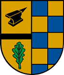 Schild gespalten, vorne in Gold ein schwarzer Balken, darüber ein schwarzer Amboss, darunter ein grünes Eichenblatt, hinten blau-golden geschacht.