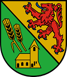 Wappen der Ortgemeinde Sensweiler In schräggeteiltem Schild vorne in Grün ein goldenes Köhlerfeuer über einer goldenen Kirche, hinten in Gold ein blaubewehrter und -gezungter roter Löwe.