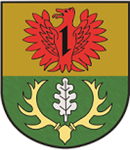 In geteiltem Schild oben in Gold ein rotes Fabeltier mit einem Wolfskopf und weit geöffneten Schwingen belegt mit einem schwarzen Wolfshaken, unten in Grün ein goldenes Hirschgeweih mit Grind, darüber ein silbernes Eichenblatt.