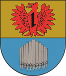In geteiltem Schild oben in Gold ein rotes Fabeltier mit einem Wolfskopf und weit geöffneten Schwingen belegt mit einem schwarzen Wolfshaken, unten in Blau elf silberne Orgelpfeifen.