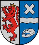 In längs gespaltenem Schilde vorne ein roter gold-gekrönter Löwe in Silber, hinten in Blau oben ein silbernes Andreaskreuz, mitten ein silberner Wellenbalken, unten ein silberner Brunnen.