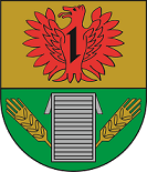 In geteiltem Schild oben in Gold ein rotes Fabeltier mit einem Wolfskopf und weit geöffneten Schwingen, belegt mit einem schwarzen Wolfshaken. Unten in Grün eine silberne Korndarre, begleitet von zwei goldenen Ähren. 