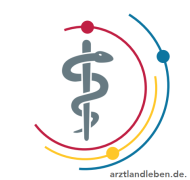 Logo der Ärztekampagne der VG Herrstein-Rhaunen, zu sehen in der Mitte Äskulapstab oder Asklepiosstab ist ein von einer Schlange umwundener Stab, außen der offene Kreise des Logo VG in blau, gelb, rot