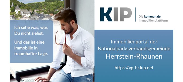 Kommunales Immobilienportal der VG Herrstein-Rhaunen, zu sehen ist ein Mann, der auf einem Laptop surft, im Hintergrund der Ort Herrstein