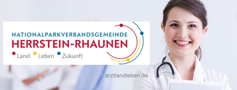 Header Arzt, Land, Leben Logo der VG Herrstein-Rhaunen farbig rechts zu sehen ist eine Ärztin mit Stetoskop