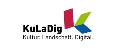 Logo, in schwarzer Schrift fett KuLaDig, darunter in normaler Schrift Kultur Landschaft Digital, daneben der farbige Balken in rot, grün, blau