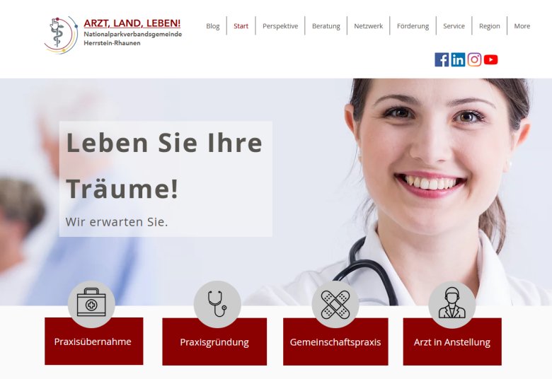 Zielseite Arzt Land Leben Darstellung der Zielseite (landingpage) www.arztlandleben.de - die Infoseite für Mediziner, die interesse an unserer Region haben