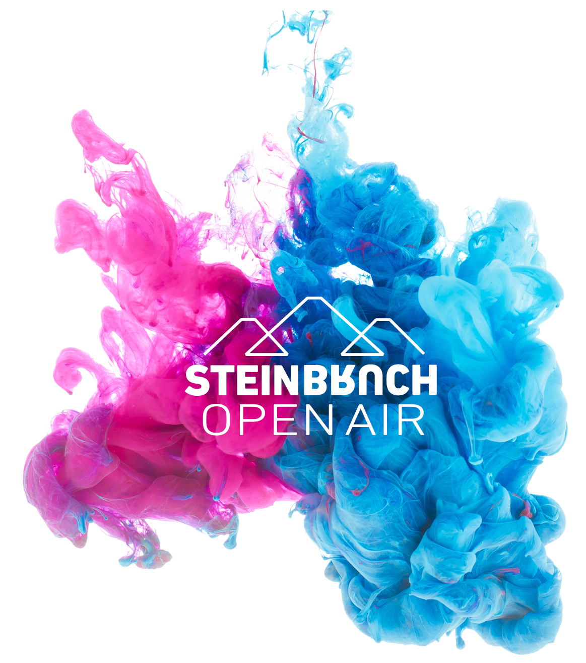 2 Farbwolken (offen gestaltet) in pink und blau, in der Mitte mit weißer Schrift Text Steinbruch OpenAir und darüber dargestellt 3 Berge