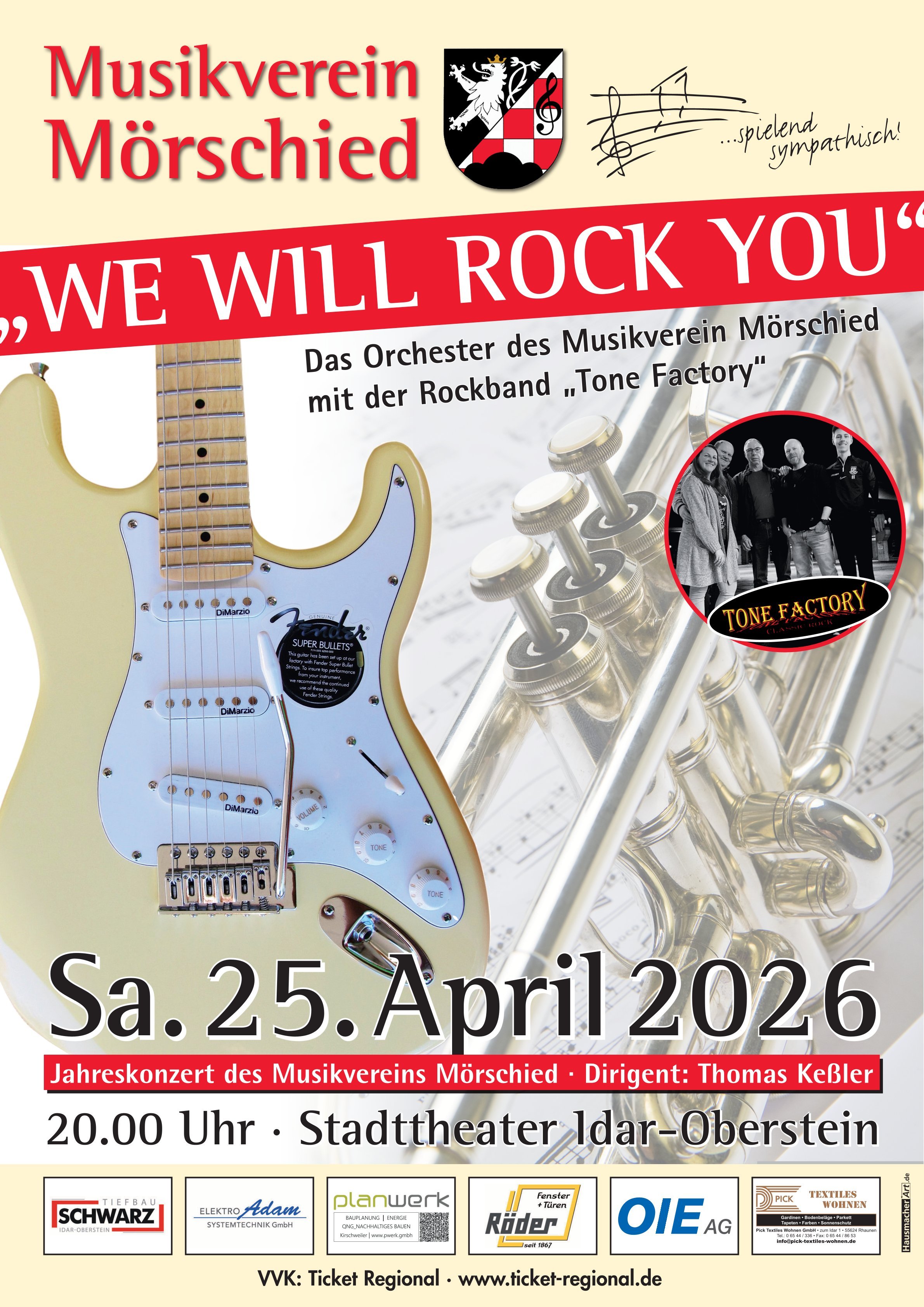 Plakat mit E-Gitarre, Trompete, Logo des Musikvereins Mörschied, Foto der Rockband Tone Factory und Text zum Jahreskonzert am 25. April 2026 im Stadttheater Idar-Oberstein