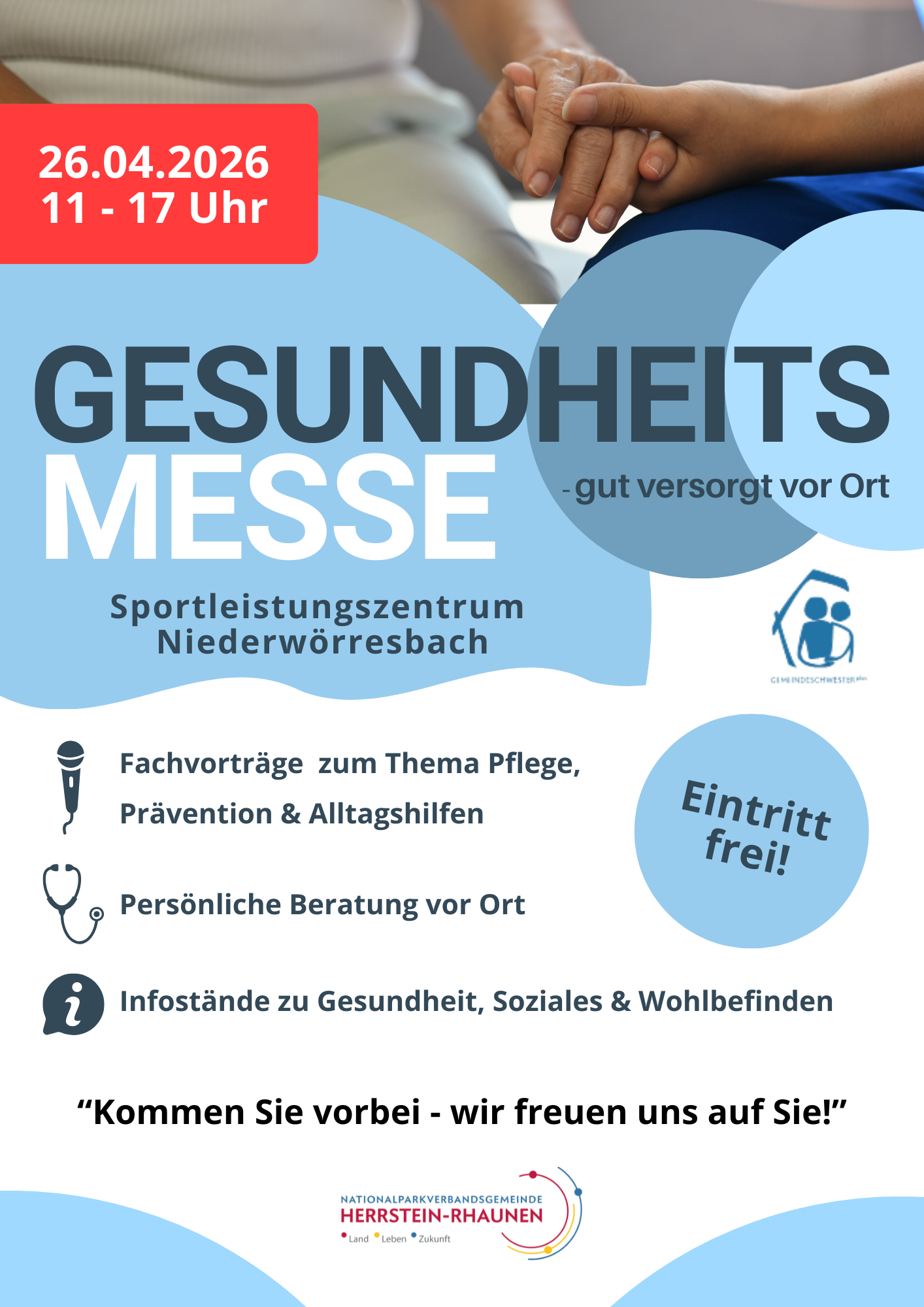 Blaues stilisiertes Piktogramm zweier Personen unter einem Dach mit dem Text 'GEMEINSAM GESUNDHEIT' darunter