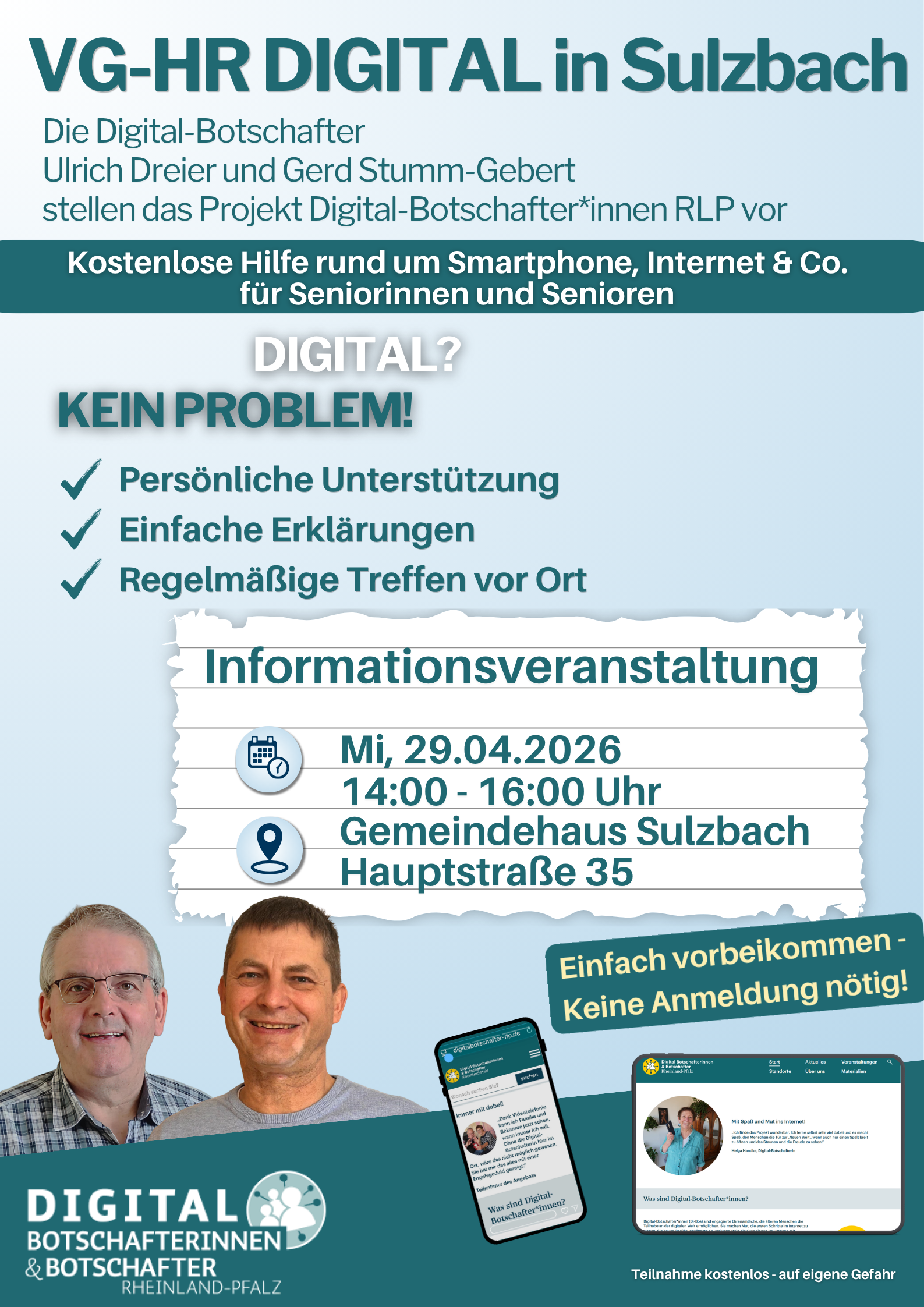 Plakat mit Veranstaltungshinweis Digitale Hilfe vor Ort mit den Digitalbotschaftern am 29.04.2026 in Sulzbach von 14 -16 Uhr