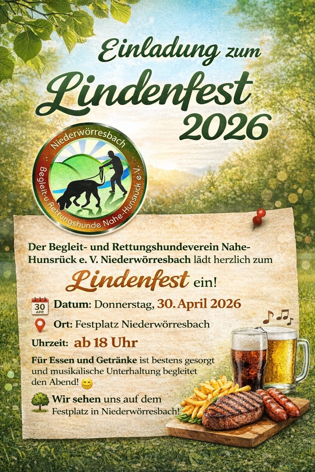Plakat Lindenfest in Niederwörresbach des Begleit- und Rettungshundevereins