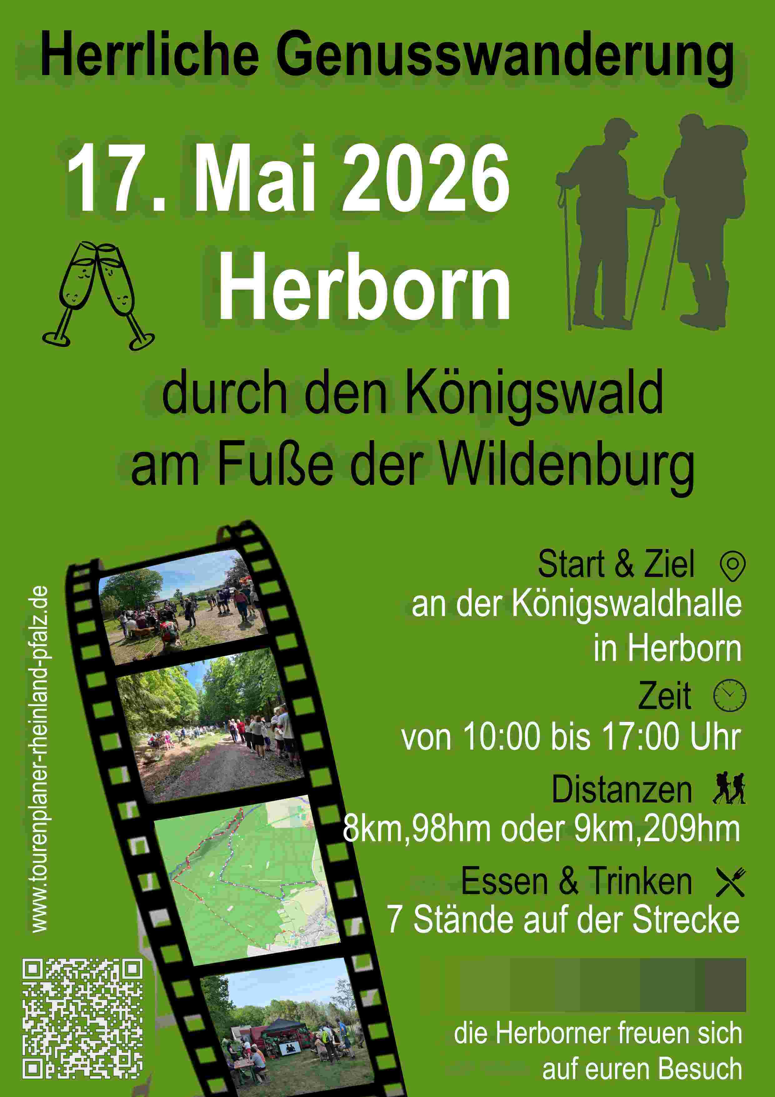 Flyer für eine Genusswanderung am 17. Mai 2026 in Herborn mit Fotos von Waldwegen, Karte und Rastplatz auf grünem Hintergrund
