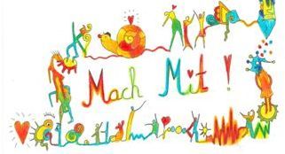 Bunte, verspielte Schrift mit dem Text 'Mach Mit' und einer Umrandung aus kleinen, bunten Figuren und Symbolen