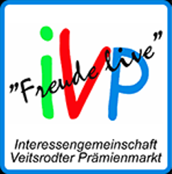 Logo IVP Veitsrodt grünes I, rotes V, blaues P, in schwarz Schriftzugg Freude live, darunter in klein Interessensgemeinschaft Veitsrodter Prämienmarkt